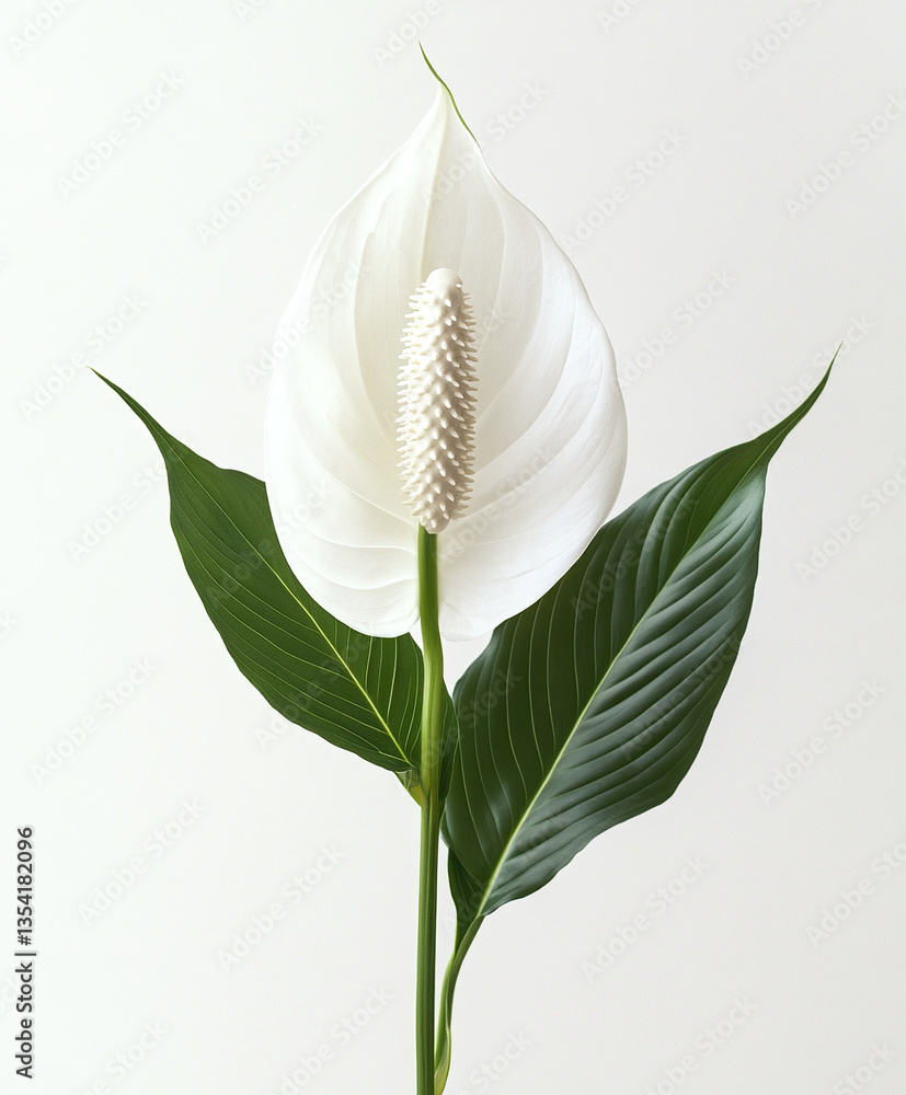 Obraz premium Peace lily with white bloom and green leaves on white background