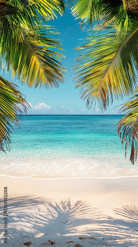 Obraz premium Serene Beach View with Palm Leaves and Clear Blue Sky