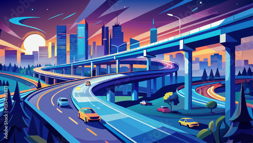 Highway overpass motion blur with city background .night scene