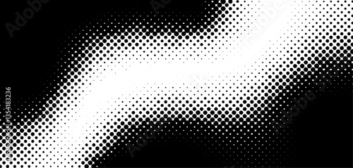 Stipple pointillism texture. Sand, grain gradient. Abstract black halftone wavy circles composed of various dots on transparent background. Geometric vector pattern for banner, card, comic book