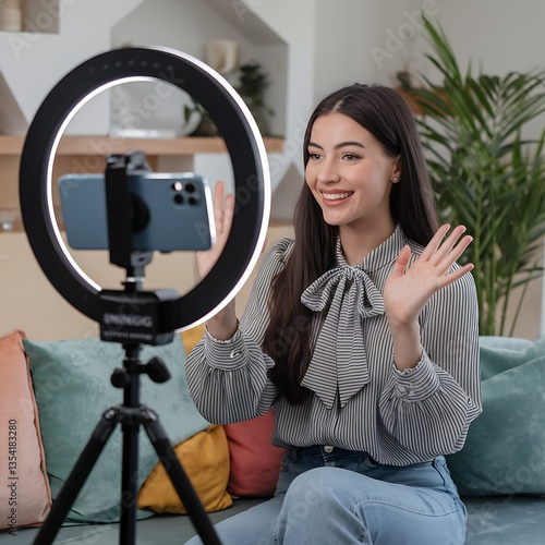 Influencer live internet, happy vlog asian young woman blogger using smart phone talking on video streaming podcast review online on social media, digital marketing with mobile content creator concept