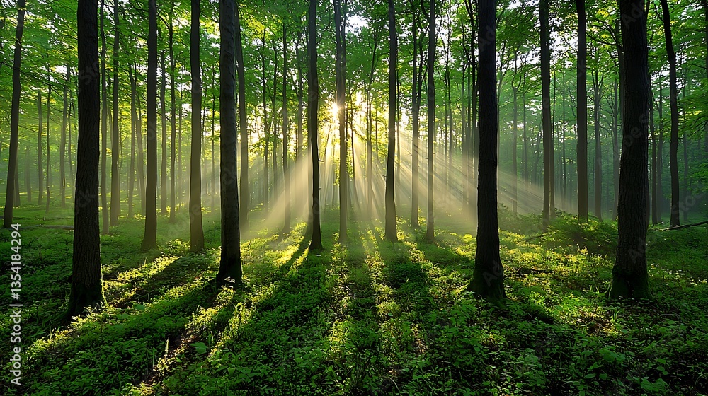 Sunbeams in Lush Green Forest Sunbeams in Lush Green Forest