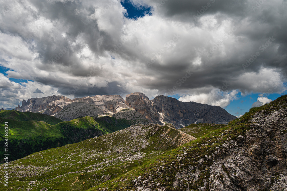 Fototapeta premium nature sceneries along the trail starting from Col Rodella and crossing Val Duron, Val di Fassa, Dolomites, Italy