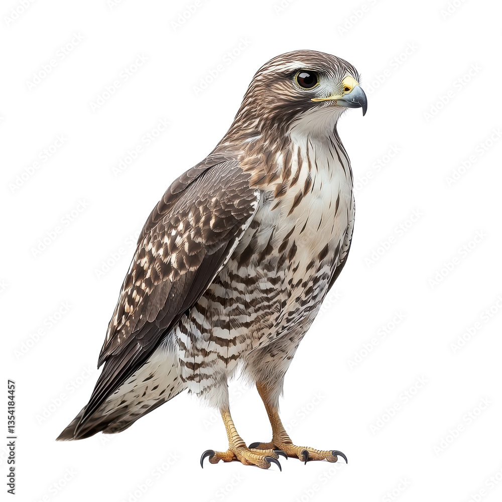 A large bird with a yellow beak stands on a white background A large bird with a yellow beak stands on a white background