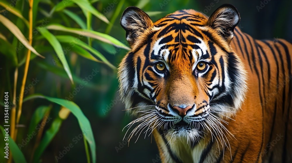 Fototapeta premium Majestic Tiger Portrait: A close-up portrait of a majestic tiger showcases its striking orange and black striped coat, piercing gaze, and powerful presence, set against a lush, natural background.