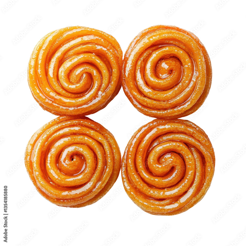 Fototapeta premium Four jalebis, a popular Indian sweet, arranged on a transparent background. Crispy, syrupy, and delicious.