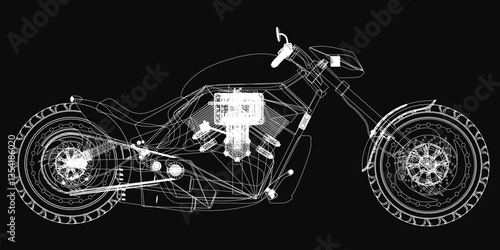 A motorcycle is shown in a black and white. The motorcycle is a vintage model and is shown in a very detailed and stylized way. The photo gives the impression of a futuristic motorcycle