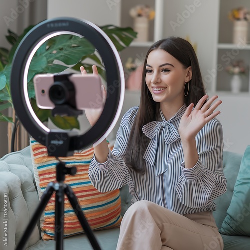 Influencer live internet, happy vlog asian young woman blogger using smart phone talking on video streaming podcast review online on social media, digital marketing with mobile content creator concept