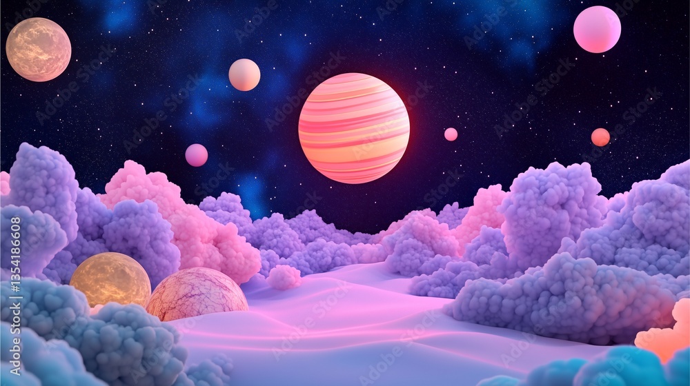 Fototapeta premium surreal celestial landscape where planetary fragments float within a nebula, inhabited by spectral beings who transcend physica 