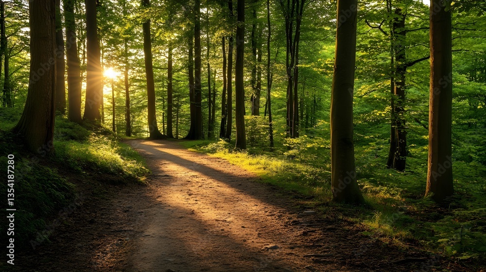 Fototapeta premium Sunlit Forest Path: A captivating image of a forest path bathed in sunlight, inviting viewers to explore nature's serenity.