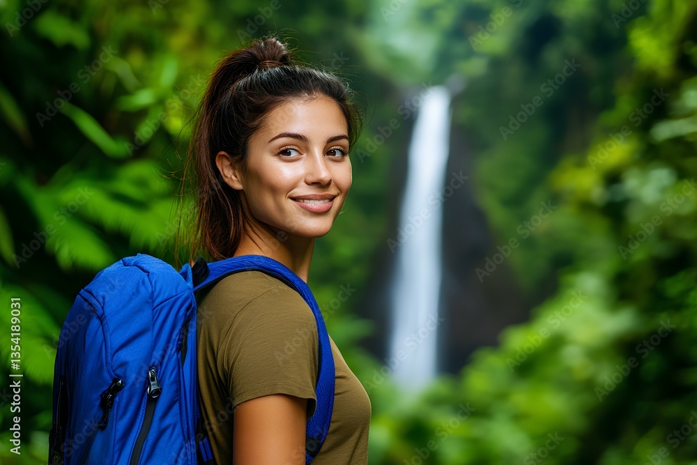 Young woman with a blue backpack posing on a scenic rainforest trek. Young woman with a blue backpack posing on a scenic rainforest trek.