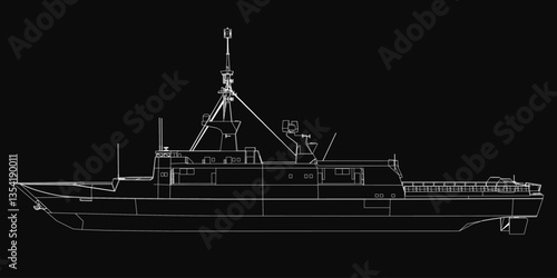 A large ship is shown in black and white. The ship is a warship and is shown in silhouette. Scene is serious and dramatic