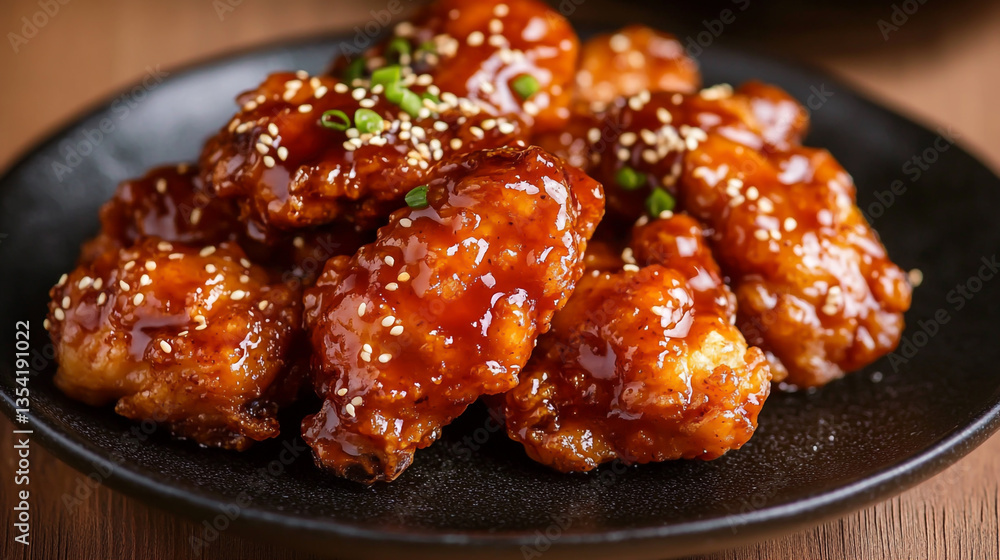 Korean fried chicken with a glossy sauce and sesame seeds, served on a dark plate against a wood table background. Korean fried chicken with a glossy sauce and sesame seeds, served on a dark plate against a wood table background.