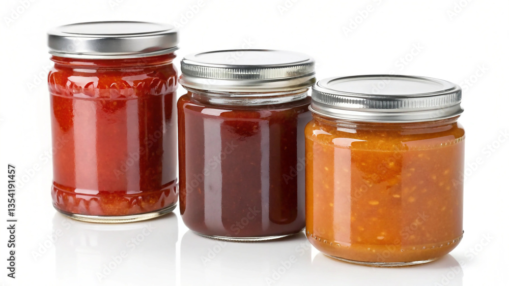 Jars of homemade tomato sauce and jam in glass containers Jars of homemade tomato sauce and jam in glass containers