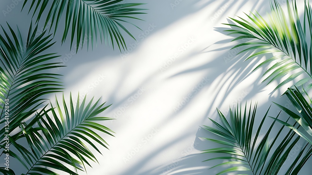 Palm leaves frame on white background with sunlight shadows.