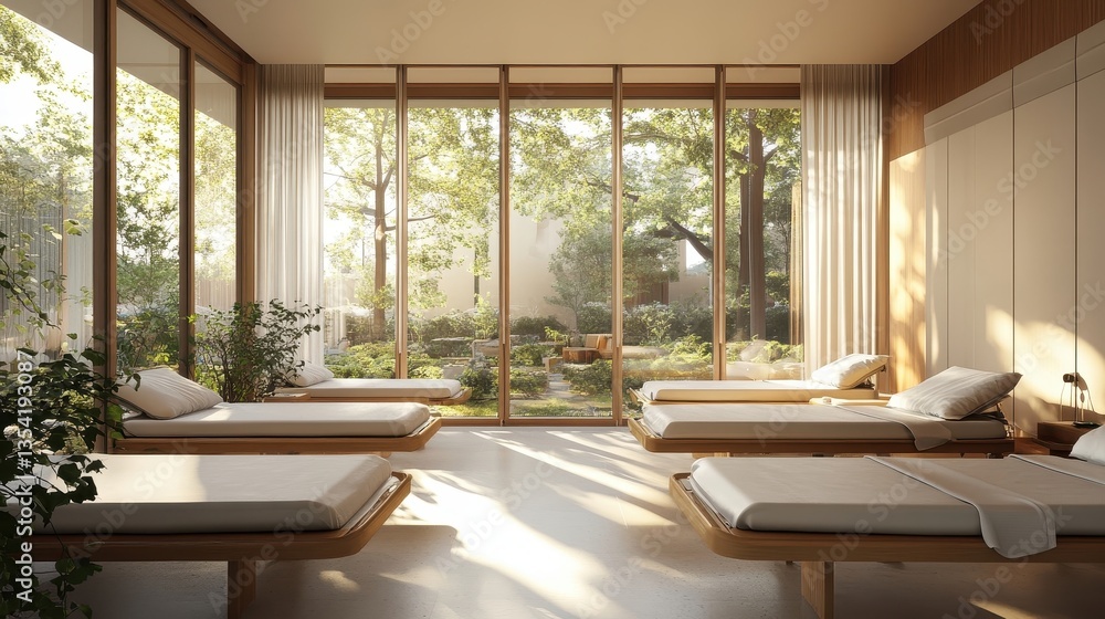 Fototapeta premium serene spa relaxation room with natural light and wooden beds