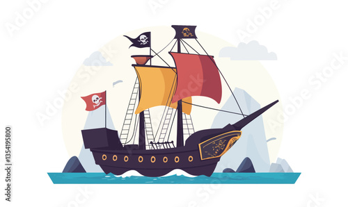Vector Illustration of Pirate Ship Sailing Across Ocean with Colorful Sails and Skull Flags