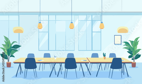 Modern Vector Business Conference Room Setup with Tables and Chairs Illustration
