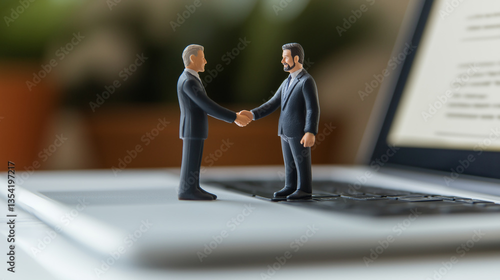 Little People Engage in a Business Handshake on a Laptop Keyboard During a Meeting About Collaboration and Teamwork Little People Engage in a Business Handshake on a Laptop Keyboard During a Meeting About Collaboration and Teamwork