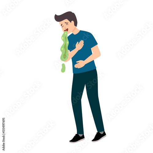 Young man is vomiting and suffering from nausea, food poisoning or sickness symptom. Concept of illness, digestive problem, health care, medicine, side effect of drug or alcohol liquor. Flat vector