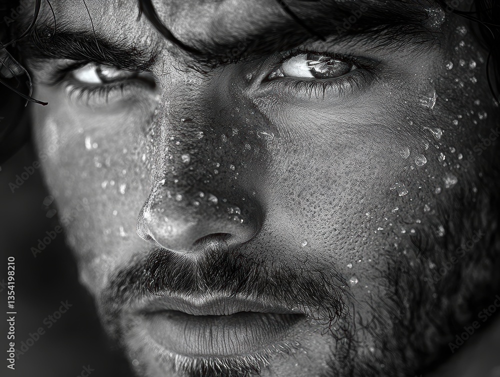 Close-up portrait of a young man with water droplets on his face, conveying intensity Close-up portrait of a young man with water droplets on his face, conveying intensity