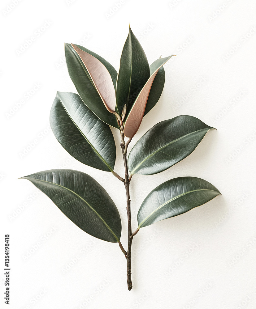 Obraz premium Rubber plant branch with glossy leaves isolated on white background