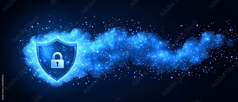 A blue shield graphic with a closed lock within a cloud of particles A blue shield graphic with a closed lock within a cloud of particles