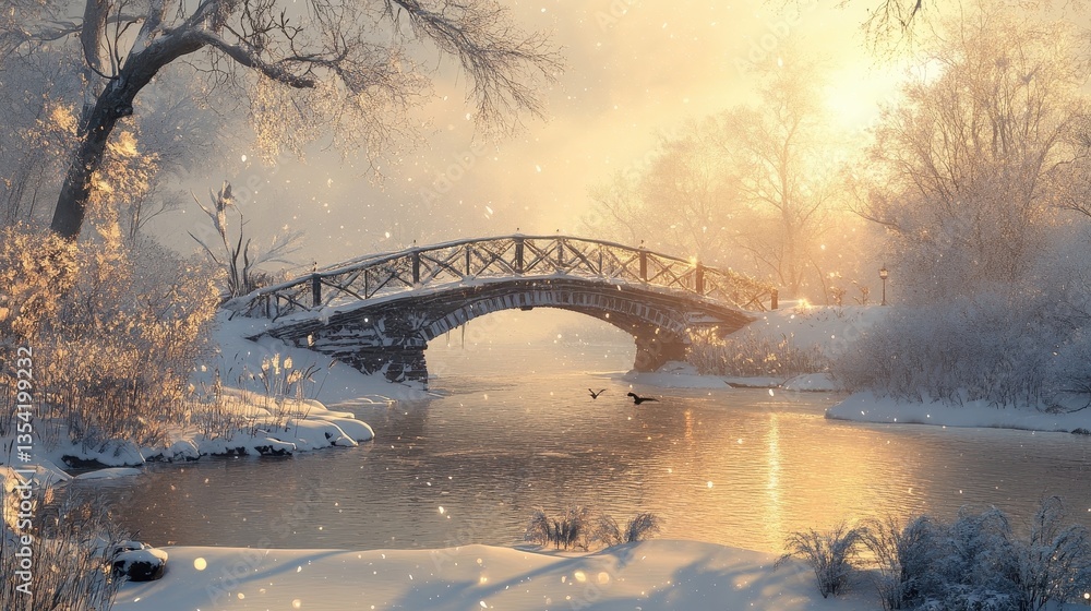 winter bridge sunset snow scene