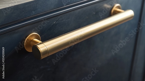 Gold cabinet drawer pull on dark blue kitchen