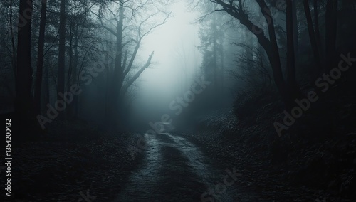 Fototapeta Naklejka Na Ścianę i Meble -  Misty forest path, dark and mysterious