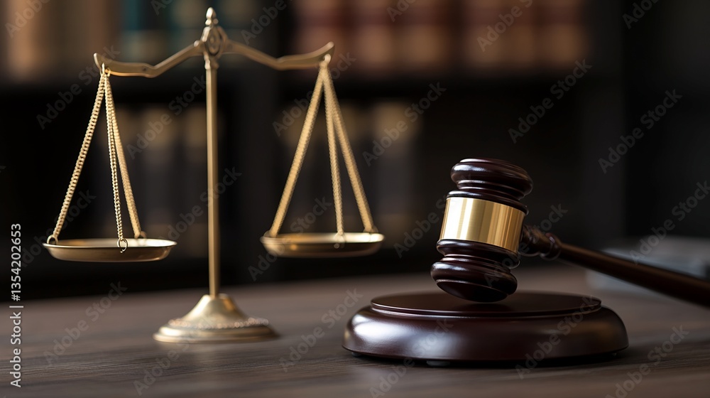 Brass Scale and Gavel on Wooden Surface Brass Scale and Gavel on Wooden Surface