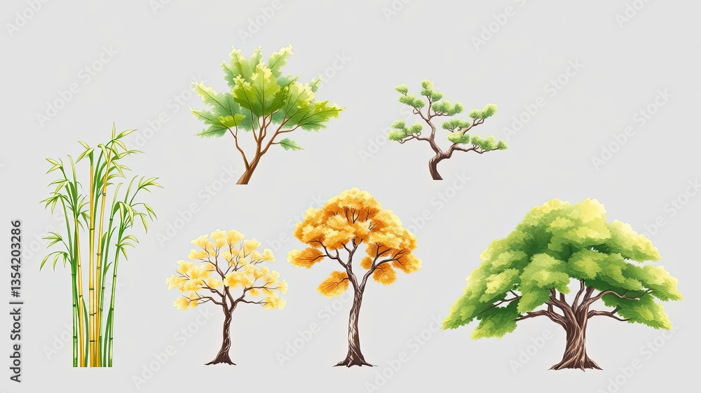Fototapeta premium Diverse Trees Bamboo Collection Nature Plants Illustration Design Elements