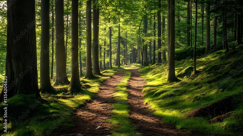 Obraz premium Sun-Dappled Path: A sunlit path winds its way through a lush, verdant forest, inviting exploration and evoking a sense of serenity and wonder.