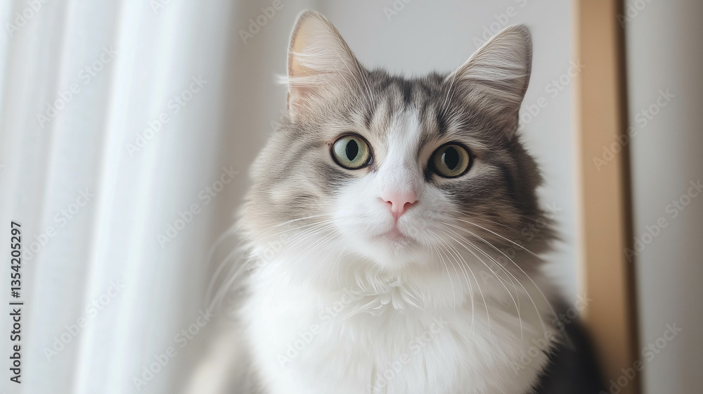Close-up shot of a white and gray cat in the morning soft light. Close-up shot of a white and gray cat in the morning soft light.