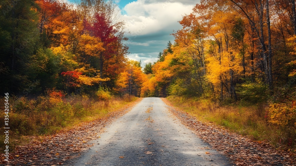 Fototapeta premium Winding Road through Autumnal Canopy: A scenic, perspective view of a long road disappearing into the distance, bordered by vibrant, multicolored trees in their autumn splendor.