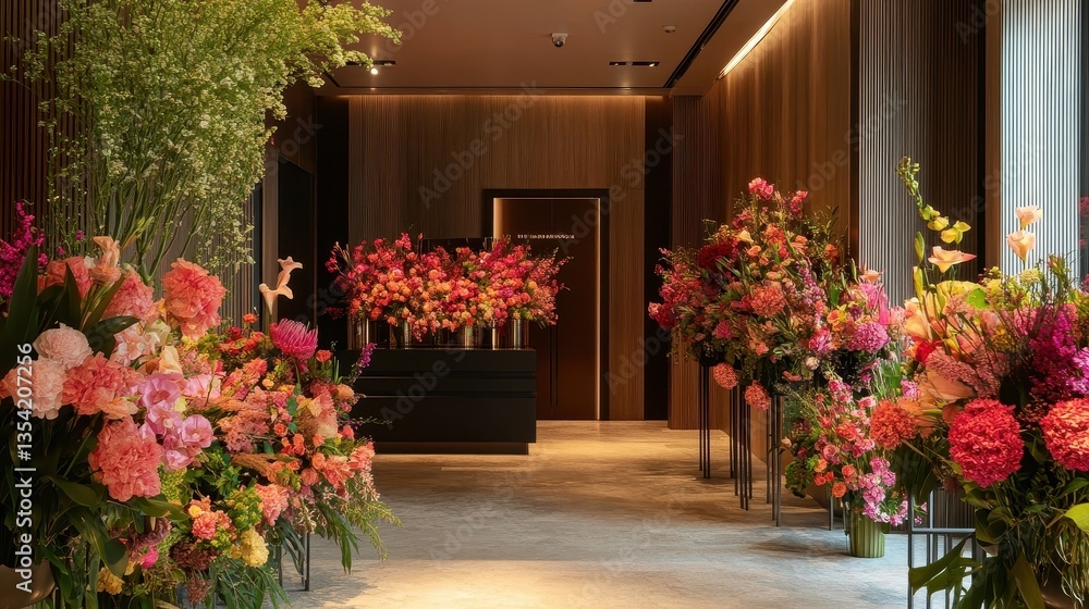 Naklejka premium luxurious hotel lobby with vibrant floral arrangements