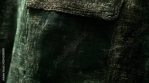 Close-up of dark green textured fabric with pocket.