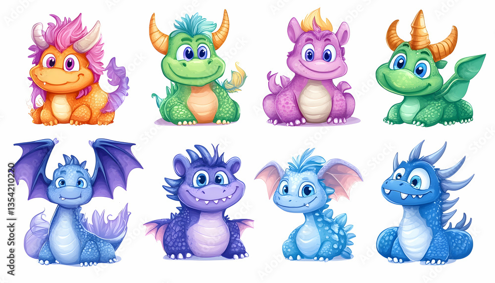 Eight Colorful Baby Dragons Illustration Eight Colorful Baby Dragons Illustration