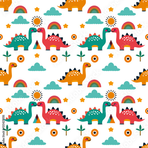 Adorable dinosaur seamless pattern featuring colorful dinos, rainbows, clouds, and playful elements. Perfect for kids’ fabric, textiles, baby clothes, bedding, and nursery decor.