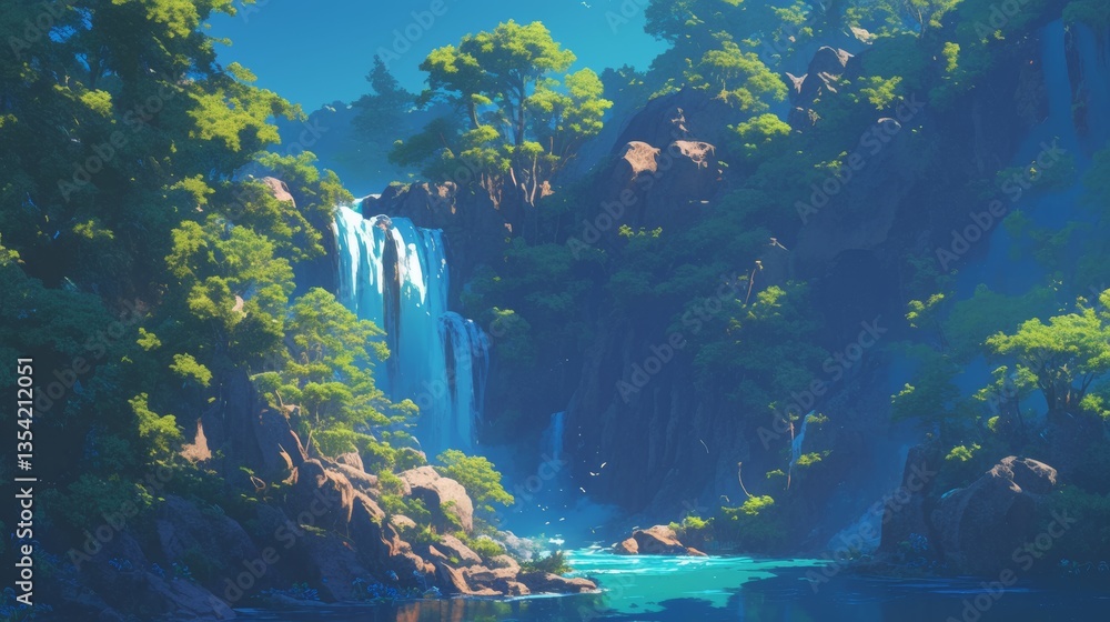 background wallpaper waterfall in the forest illustration digital art painting artwork background wallpaper waterfall in the forest illustration digital art painting artwork