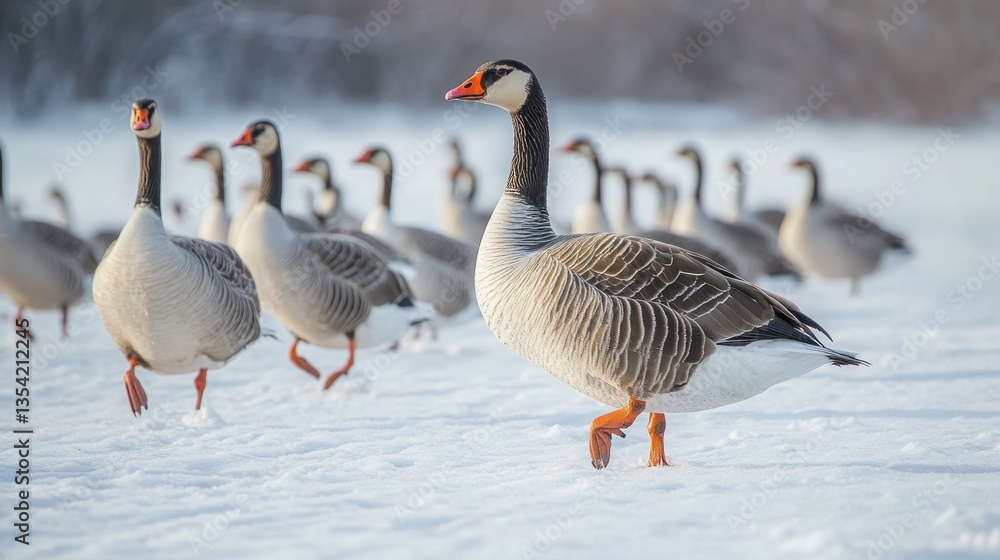 Grey Geese Flock Walking on Snowy Field in Winter Grey Geese Flock Walking on Snowy Field in Winter