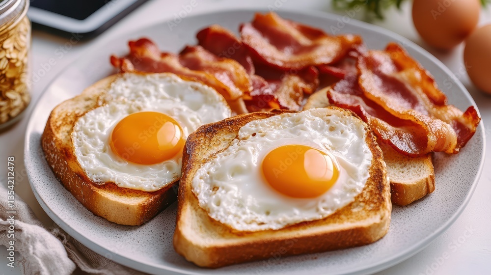 Delicious breakfast with fried eggs, toasts, and bacon enjoying morning meal Delicious breakfast with fried eggs, toasts, and bacon enjoying morning meal