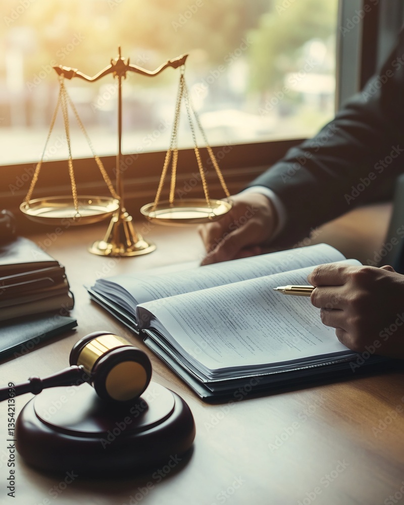 Legal Documents, Gavel, Scales of Justice, and Hands with Pen