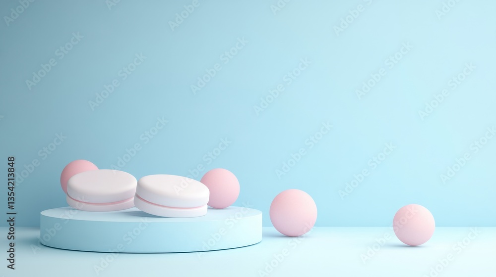 Pastel Pink and White Macarons on a Light Blue Display Pastel Pink and White Macarons on a Light Blue Display