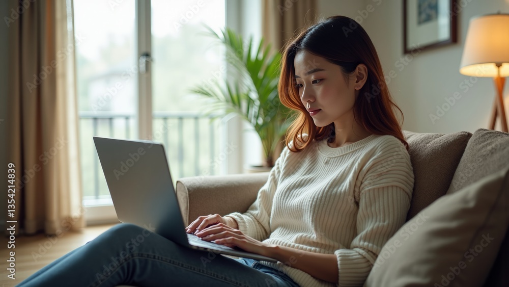 A woman relaxing on a couch with a laptop, enjoying a peaceful moment indoors. A woman relaxing on a couch with a laptop, enjoying a peaceful moment indoors.