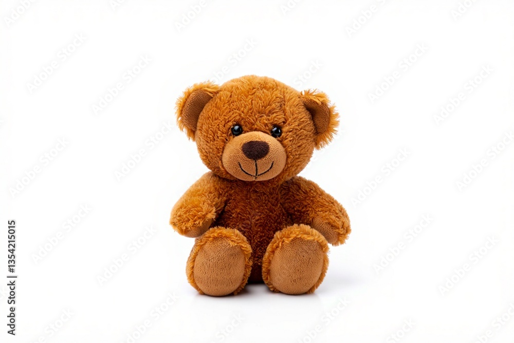 Fototapeta premium light brown plush teddy bear with ultra-soft mohair fur, sitting upright against a pure white background, featuring round black glass eyes and a small stitched nose, ideal for children’s product photo