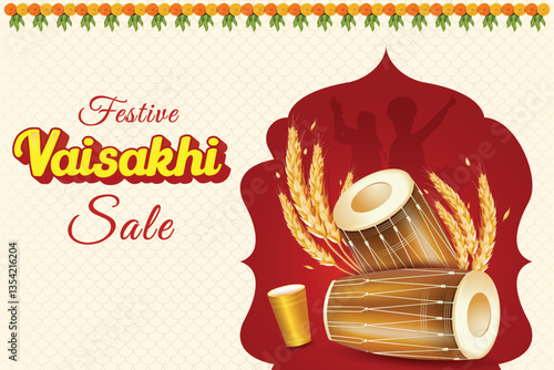 Vaisakhi Festival Celebration With Drums, Wheat Grain and Silhouette Of Punjabi People Dancing On Red Color Background. Indian Ethnic Festive Sale Celebration Theme Concept Vector Illustration.