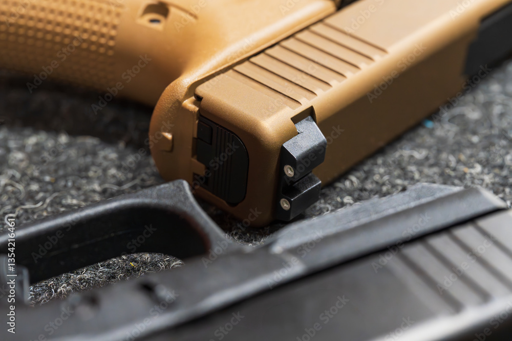 Close-up: rear sight of a sand-colored pistol in focus, contrast with black, two pistols on a textured surface. Close-up: rear sight of a sand-colored pistol in focus, contrast with black, two pistols on a textured surface.