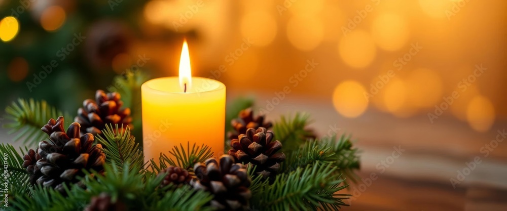Glowing candle nestled in pinecones & greenery, soft bokeh background, decoration, holiday decor Glowing candle nestled in pinecones & greenery, soft bokeh background, decoration, holiday decor