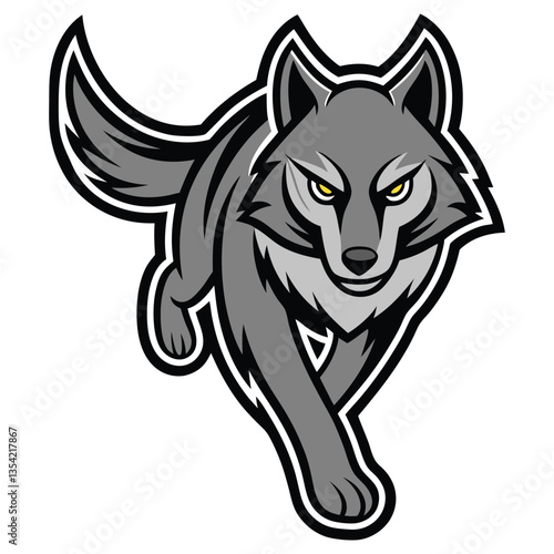 Cartoon Gray Wolf Running Forward Fiercely with Piercing Yellow Eyes, Black Outline